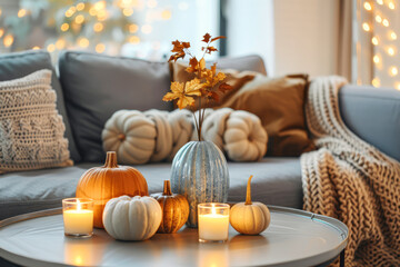 Interior design showcasing a warm and inviting living room adorned with pumpkins and autumnal accents, creating a festive atmosphere. Autumn and fall decoration in a light room.