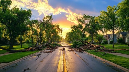 Uprooted Trees and Broken Power Lines at Sunset