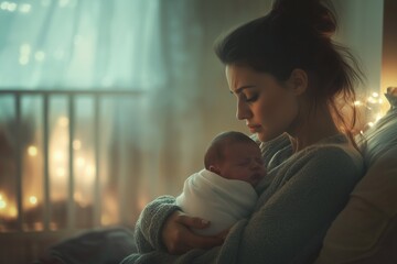 A poignant illustration of a young mother holding her newborn baby, with a sorrowful expression, symbolizing the emotional struggles of postpartum depression, ideal for topics related to mental health