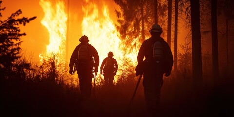 Fototapeta premium Heroic firefighters advance through a raging forest wildfire, silhouetted against towering flames and smoke as their bravery and teamwork drive them forward with purpose.