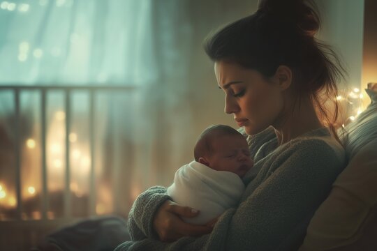 A poignant illustration of a young mother holding her newborn baby, with a sorrowful expression, symbolizing the emotional struggles of postpartum depression, ideal for topics related to mental health - Powered by Adobe