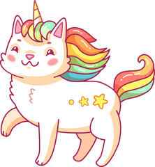 A delightful cartoon features a unicorn cat with a vibrant rainbow mane showcasing a cheerful expression and fun star motifs on its side. This character embodies a magical and playful aesthetic.