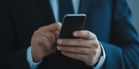 A businessman in formal attire uses a smartphone, his intense focus epitomizing modern connectivity, professionalism, and the ever-evolving world of corporate communication.