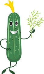 Cucumber smiles and holds a sprig of dill. Cucumber character. Pickled vegetable. Vector icon.	