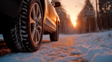 Close-up of a car on snow against a winter road with a sunny day and a snow-covered forest in the distance