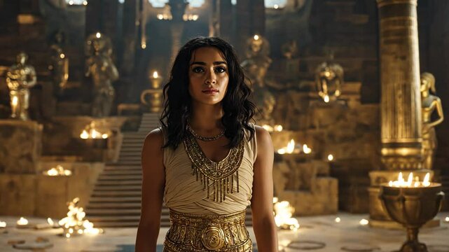 ancient Sumerian princess wearing gold jewelry at elegance treasure room