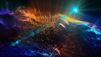 Landscape of a futuristic planet. Magic digital futuristic glowing energy particles.
