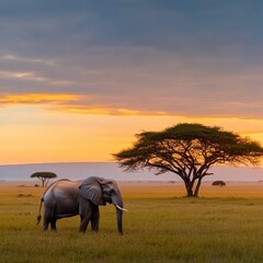 A Serene Sunset with an Elephant in the Wild