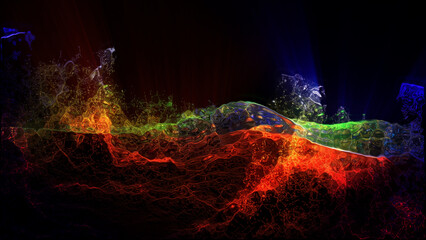 Landscape of a futuristic planet. Magic digital futuristic glowing energy particles.
