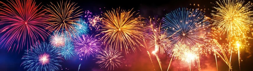 Fototapeta premium The night sky bursts with vibrant colors as fireworks explode during a festive celebration, attracting onlookers in awe