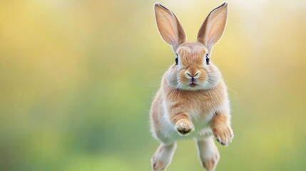 Fototapeta premium A cute bunny rabbit with big ears is mid-jump against a blurred green and yellow background.