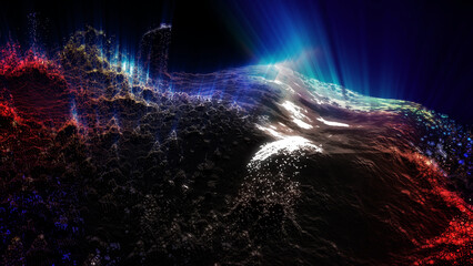 Landscape of a futuristic planet. Magic digital futuristic glowing energy particles.
