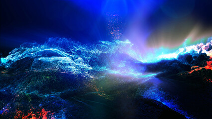 Landscape of a futuristic planet. Magic digital futuristic glowing energy particles.
