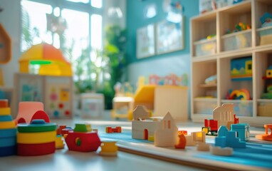 A detailed close-up view of a kindergarten game room interior, highlighting toys, activity corners,...