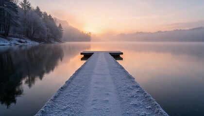 Serene winter sunrise over a frozen lake with wooden pier, tranquil landscape