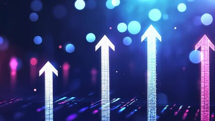 chart upward trend, arrow up, red glitter glow light on dark background with copy space, business and financial theme concept,