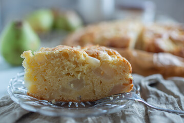 French pear tart or pie with fresh pear fruits