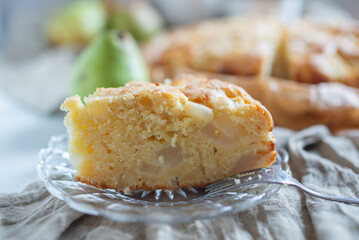 French pear tart or pie with fresh pear fruits