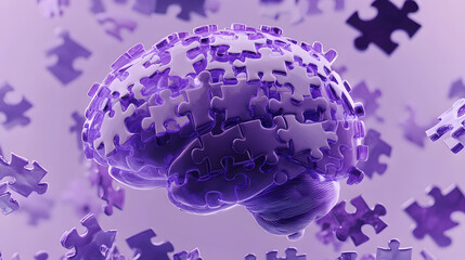 alzheimers awareness concept translucent human brain comprised of interlocking puzzle pieces some gently floating away soft purple hues symbolize hope and understanding of memory disorders