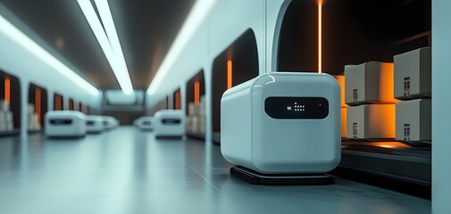 Futuristic warehouse with automated robots delivering packages in a modern environment. Efficient logistics and technology in action.