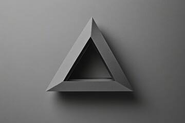 Fototapeta premium A gray triangular sculpture is mounted on the wall, demonstrating modern minimalist design principles in an artistic environment