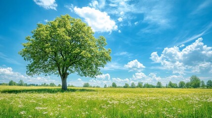 A Lone Tree Stands Tall in a Field of Wildflowers Under a Blue Sky