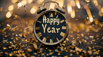 As the clock strikes midnight, joyful confetti fills the air, symbolizing the arrival of the New Year. The cheerful message “Happy Year” highlights the festive atmosphere