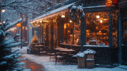 A cozy corner cafe on a snowy Christmas day, with festive lights decorating the windows.
