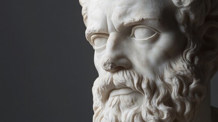 Close up of ancient Greek marble sculpture head. Sculpture, architecture and people concept.