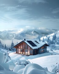Fototapeta premium Cozy Geothermal Powered Cabin Nestled in a Snowy Landscape Symbolizing Renewable Energy Solutions