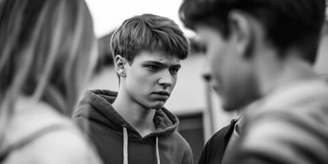A young teenage boy appears focused in a black and white image, engaged in a serious conversation with peers, reflecting intensity and contemplation in human interactions.