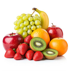 A vibrant assortment of fresh fruits, including green grapes, a yellow banana, red apples, whole oranges, strawberries, and halved kiwis, arranged in a visually appealing manner.