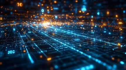 Abstract digital background with glowing blue and orange lines and numbers.