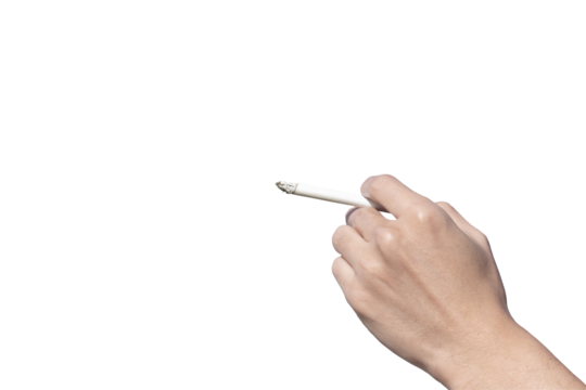 Clipping of the left hand on the instep side holding a cigarette at the beginning of smoking