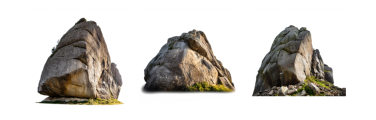 Three large, isolated rock formations with some grass and small plants on the ground.