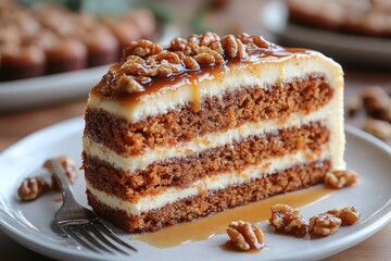 Carrot cake slice with cream cheese frosting and caramel