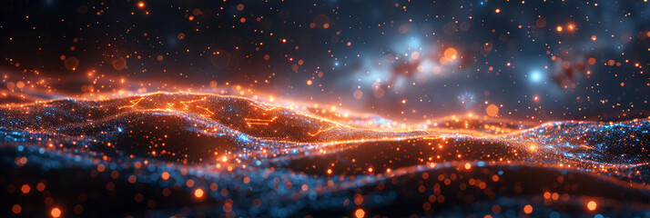 Obraz premium Orange and blue glowing particles forming constellations over a cosmic landscape, representing space, technology, and scientific discovery, great for futuristic and technological themes.