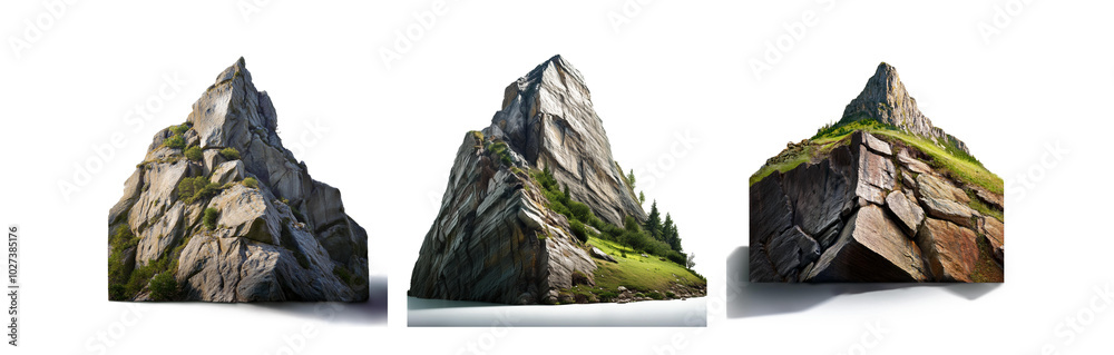 Poster Three isolated rock formations with different angles, covered in greenery and a white background.