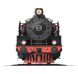 A front view of a black and red steam locomotive, evoking a sense of historic train travel with its large round boiler, robust design, and vintage details. An iconic representation of rail history.