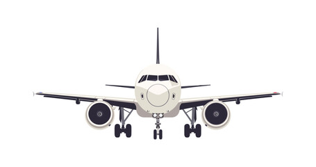 A front view of a large passenger airplane with its wings spread wide and landing gear extended, ready for takeoff or landing. The plane symbolizes air travel, transportation, and aviation.