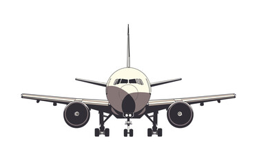 A front view of a large passenger airplane with its wings spread wide and landing gear extended, ready for takeoff or landing. The plane symbolizes air travel, transportation, and aviation.