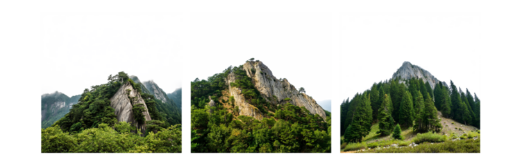 Three vertical frames showcase a panoramic view of mountains and forest.