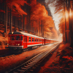 Obraz premium Red Train Traveling Through Autumn Forest at Sunset.generative AI.