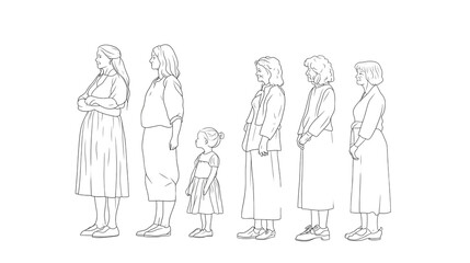 Women day line art illustration. Women Empowerment. women of different ages standing side by side.