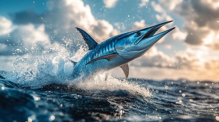 A wahoo fish leaps from the water with a splash, creating a dramatic scene against a blue sky with clouds.