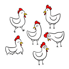 Collection of cute hand drawn Simple  illustration of a chicken with clean, defined lines on a white background