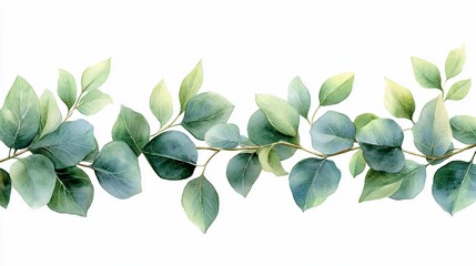 Watercolor seamless border with green eucalyptus leaves isolated on white background.