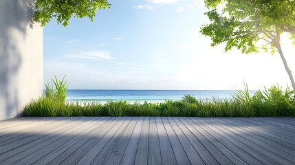 3D rendering of a deck near the garden in a modern beach house or luxury villa with a view of the sea and an empty concrete wall behind it.