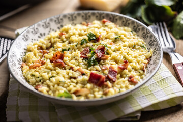 Italian risotto with pancetta, parmesan and parsley on a stylish plate