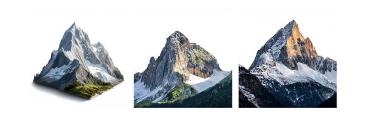Three different perspectives of a snowy mountain peak with a hint of green forest at the base.
